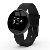 Black smartwatch with a round display on a white background